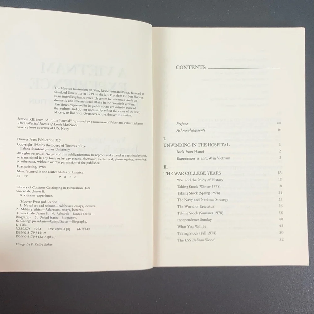 Ten Years of Reflection: A Vietnam Experience by James B. Stockdale. 1984.